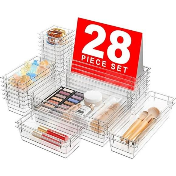 Clear Acrylic Drawer Organizer Set 28 Pc Makeup Vanity Office Storage Bins - Picture 7 of 7